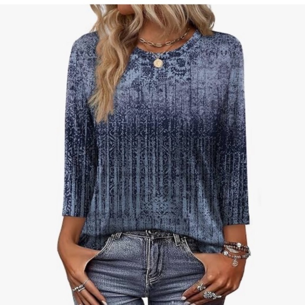OFEEFAN 3/4 Sleeve Top Women Medium Navy Blue Tie Dye Floral NEW w/ tag